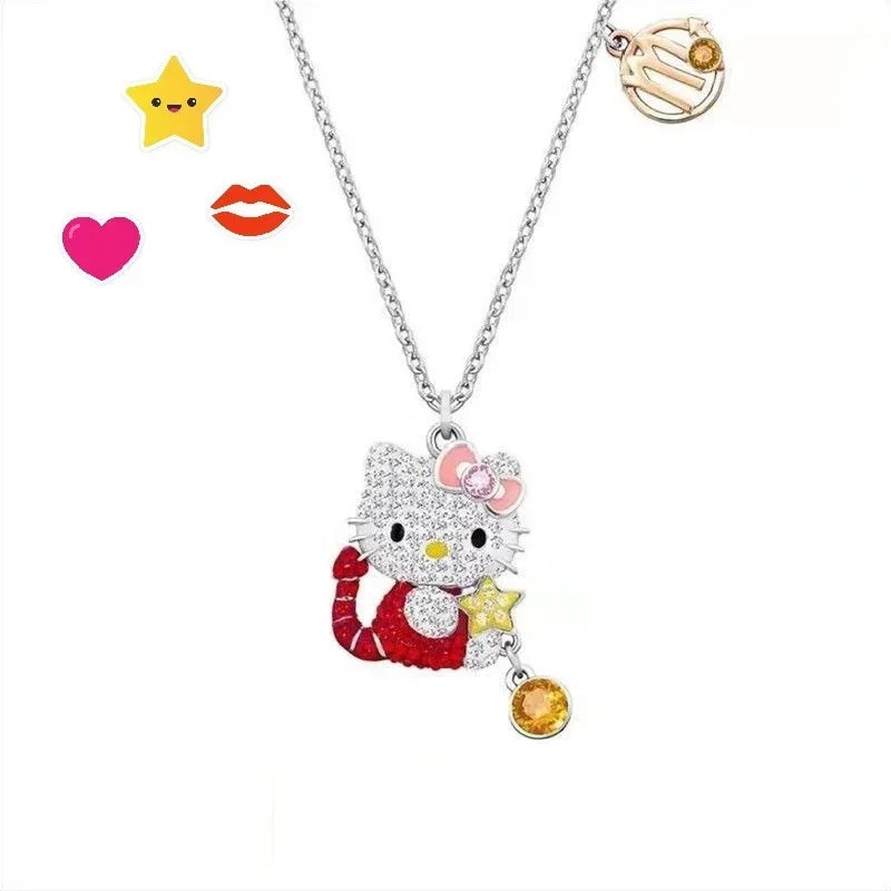 Hello Kitty Necklace Sanrio Anime Character Pink Peach Heart Crystal Cat Push-Pull Bracelet Pendant Couple Decoration Girl Gift