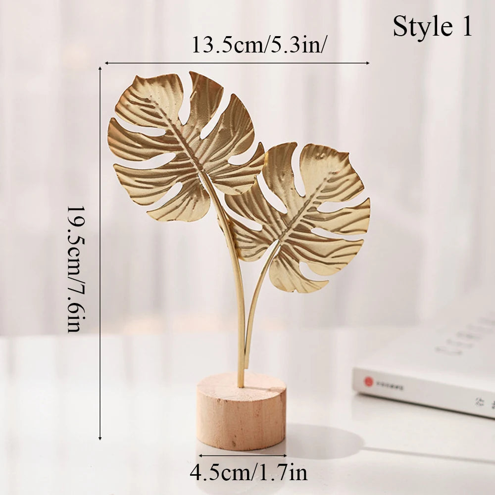 Golden Ginkgo Leaf Miniature Figurines Wooden Statue For Living Room Table Office Home Decoration Accessories Nordic Ornament