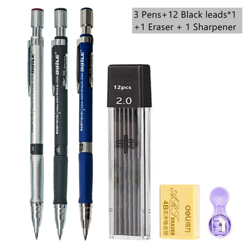 Set Pensel Mekanikal 2.0 mm dengan Isi Semula Plumbum 2B Hitam/Warna Untuk Menulis Lakaran Seni Lukisan Lukisan Pensel Automatik Sekolah 