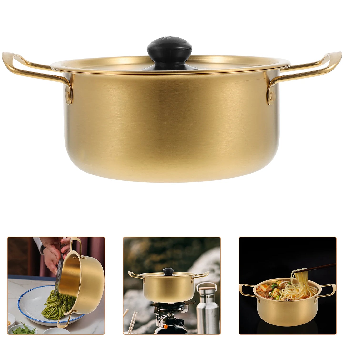 Instant Noodle Pot Stainless Steel Shrimp Boil Gold Ramen Noodles Korean with Cover Large Soup Kitchen Cooking Pans