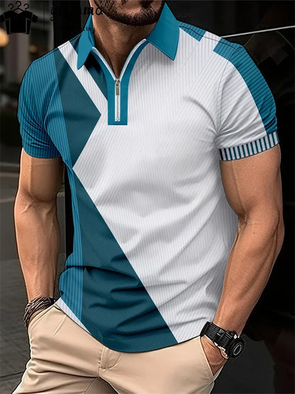 Men's Zipper Polo Shirt 3d Lattice Print Fashion Clothing Business Casual T-Shirt Mens Polo Shirt Zip Short Sleeve Street Top