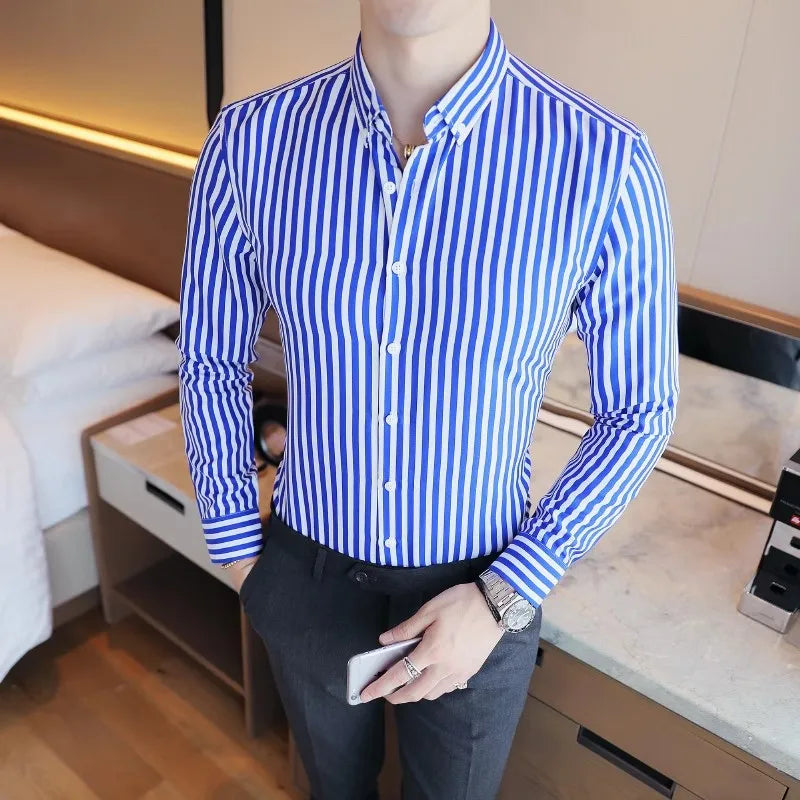 New Striped Shirt Men's Long Sleeve Slim Fit Business Casual Shirt Youth Cool Shirt Trend Formal Dress Shirts