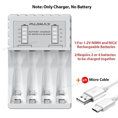 Pengecas Bateri 4 Slot Caj Pantas Pintar Dengan Penunjuk Untuk 1.2V NiMH NiCd AAA/AA Bateri Boleh Dicas Semula USB C Micro Bicu