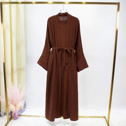 2pics Muslim Sets Muslim Jilbab Two Pieces Women Out Abaya Loose Cardigan Coat Sleeveless Inner Dress Prayer Clothing with Belt