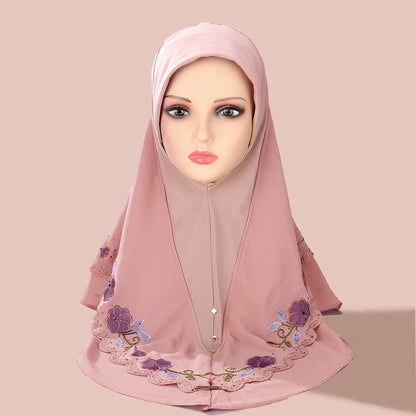 Muslim Double Layer Hijab Heavy Embroidery Lace Pullover Headscarf Malay Ladies Scarf Muslim Double Layer Chiffon Beaded Hat