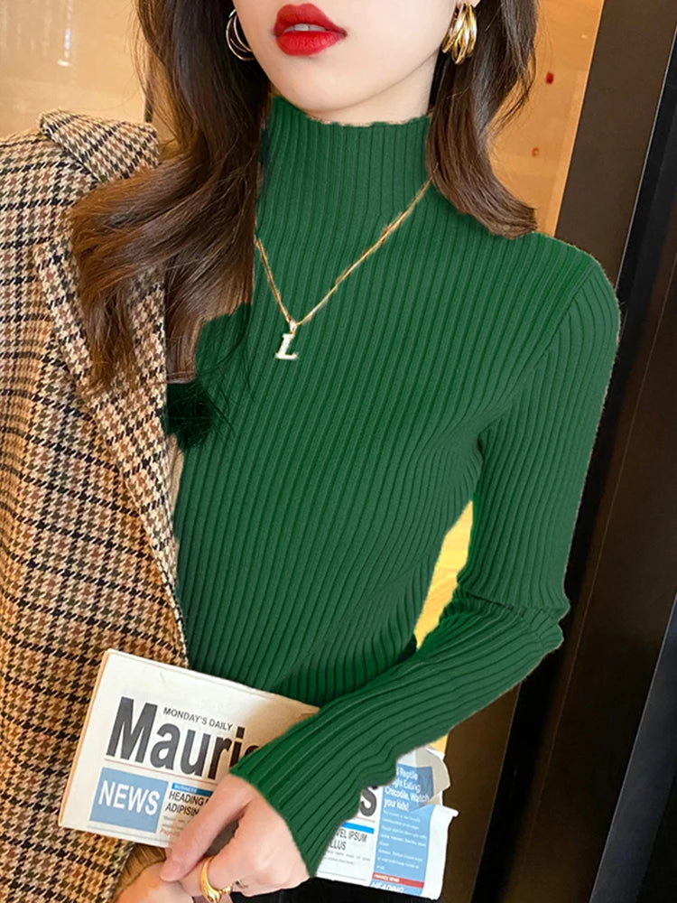 Atasan Rajutan Asas Pepejal Elegan Sweater Turtlneck Wanita Lengan Panjang Pullover Ramping Kasual Fesyen Korea Pakaian Bergaya Mudah 