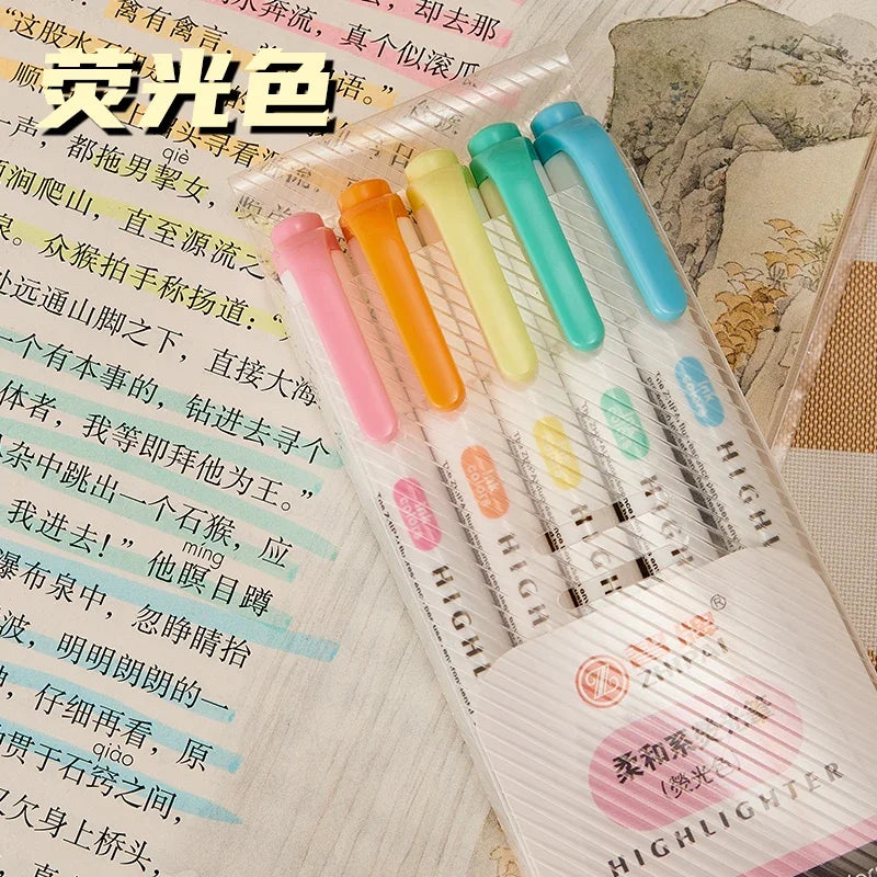 5 Colors/box Double Headed Highlighter Pen Set Fluorescent Drawing Markers Highlighters Pens Art Japanese Cute Pastel Stationery