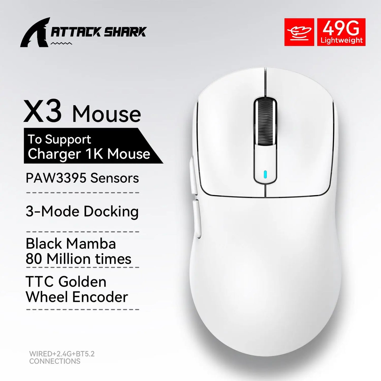 Attack Shark X3 mouse , 49g Lightweight Mouse Pixart 3395 Gaming Mouse Wireless  2.4G Bluetooth Gaming Esport Mouse Laptop