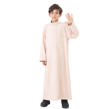 Arab Muslim Kids Boy Jubba Thobe Abaya Satin Long Dress Kaftan untuk Anak-anak Pakaian Islami Jubah Panjang Dress Dubai Arab Ramadan 