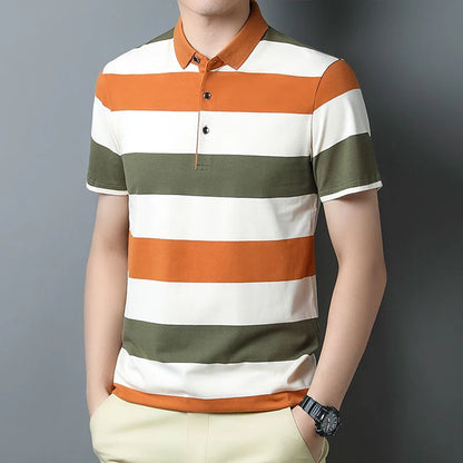 Men's Polo T Shirt Business Casual Simple Stripes Print Summer Short-Sleeve Polo Shirt Fashion Street Wear Oversized Clothes