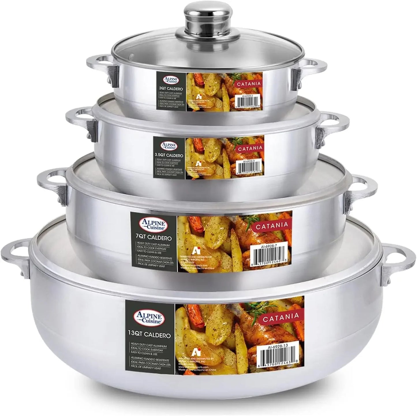 Alpine Cuisine 8 Piece Set Aluminum Caldero Stock Pot , Commercial Grade Cooking Dutch Oven