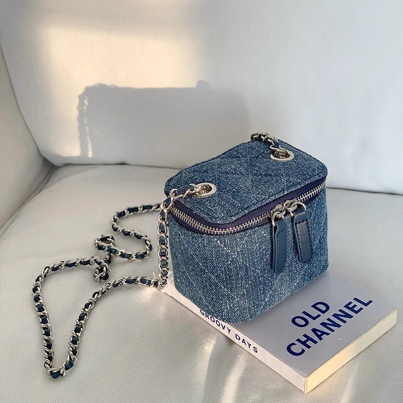 Mini Denim Crossbody Bags for Women 2023 Lingge Chains Shoulder Bag Fashion Brands Box Bag Lipstick Coins Purses and Handbags