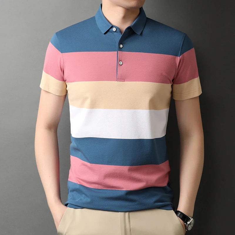 Men's Polo T Shirt Business Casual Simple Stripes Print Summer Short-Sleeve Polo Shirt Fashion Street Wear Oversized Clothes