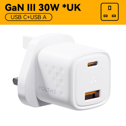 VOLTME USB C 快速充电器 30W GaN 充电器 QC PD 3.0 双端口便携式适配器适用于 iPhone 13 12 iPad 小米快速壁式充电器