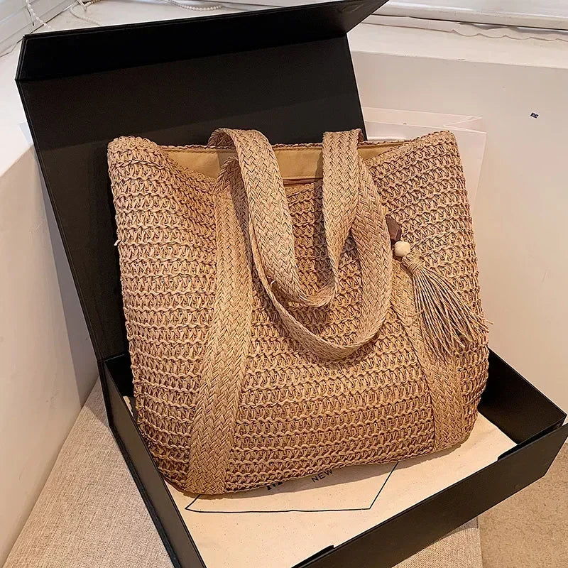 Elegant Ladies Straw Woven Handbag Women Holiday Beach Commute Casual Tote Top-Handle Bags Fashion Retro Shoulder Bags 2024