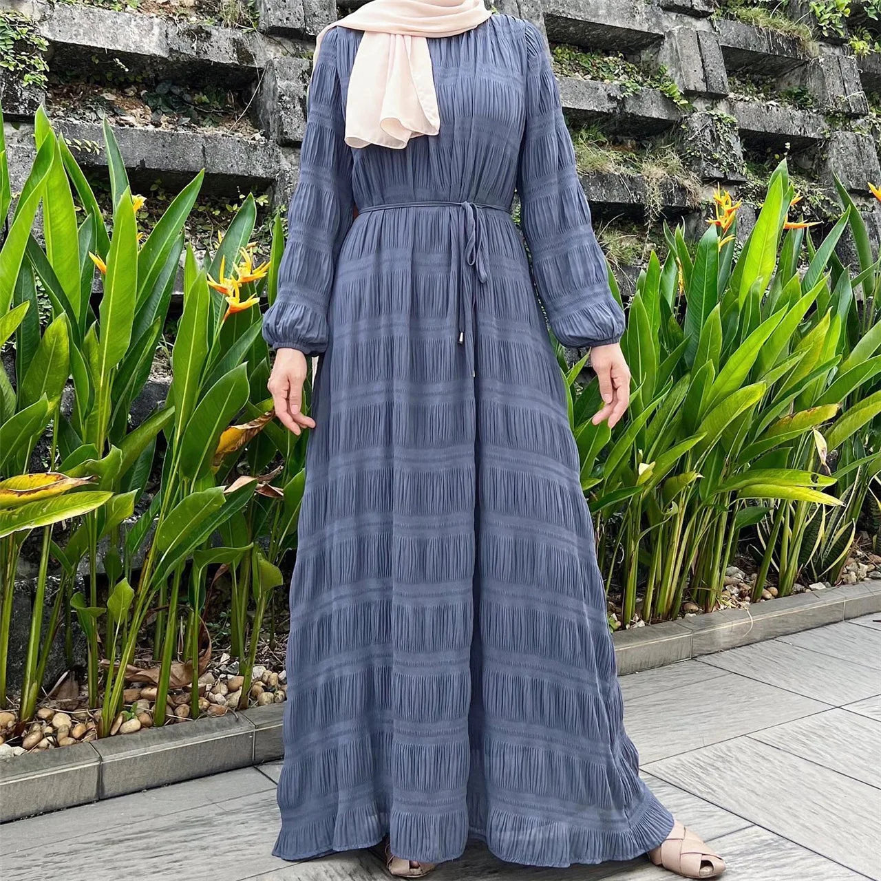 2024 Fashion Casual Abaya Robe Muslim Long Maxi Dress Women Chiffon Pleated Evening Dresses Hijab Kaftan Muslim Sets Slim Fit