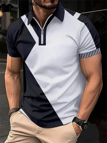 Men's Zipper Polo Shirt 3d Lattice Print Fashion Clothing Business Casual T-Shirt Mens Polo Shirt Zip Short Sleeve Street Top