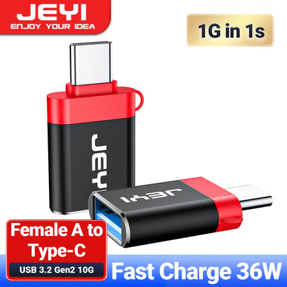 JEYI USB 3.2 转 Type C OTG 10G 适配器，36W 快速充电 Type C 转 USB 3.2 转换器，公头 C 转 C 40Gbps 支持 Thunderbolt 3 