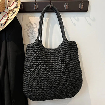 Women Crochet Beach Handbag Hasp Closure Retro Straw Handbag Solid Color Simple Weaving Handbag Ladies Summer Daily Bag