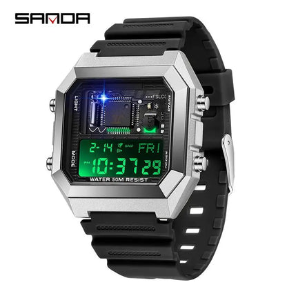 SANDAD 6216 Men's Electronic Watch Square Multifunctional Chronograph Date Silicone Strap Digital Display Wrist Watches for Male