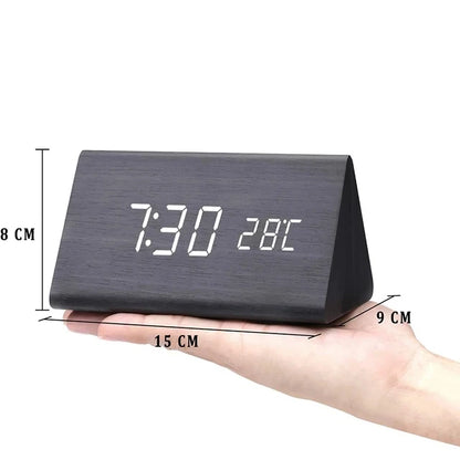 Jam Penggera untuk Bilik Tidur Meja Sisi Katil Hiasan Meja Kayu Bangun Jam Meja Dengan Suhu Dipimpin Jam Digital Cahaya Subuh