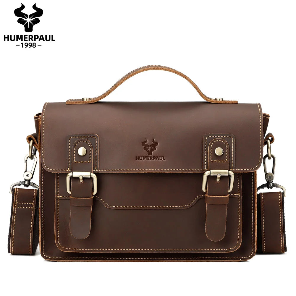 HUMERPAUL Crazy Horse Leather Men Messenger Bag Vintage Large Capacity Crossbody Bag Handbags Multifunctional Business Briefcase