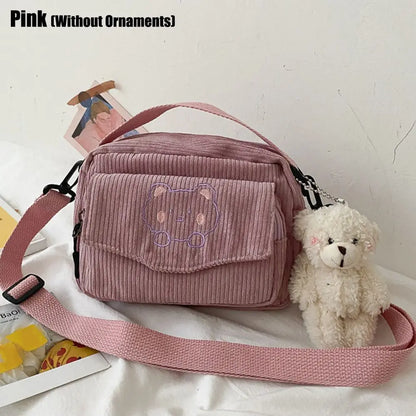 Hot Women Canvas Zipper Bag Preppy Style Student Tote Shoulder Messenger Bag Small Corduroy Bag Satchel Travel Purse Handbag