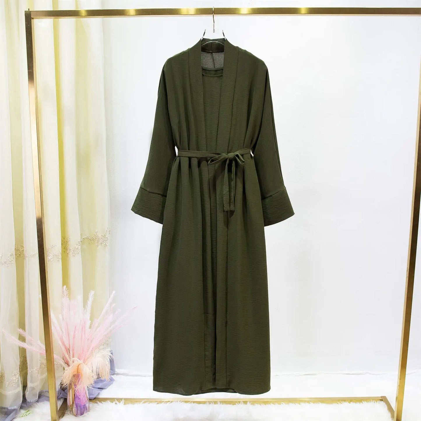 2pics Muslim Sets Muslim Jilbab Two Pieces Women Out Abaya Loose Cardigan Coat Sleeveless Inner Dress Prayer Clothing with Belt