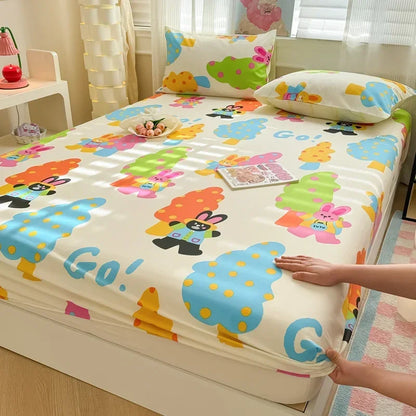 1 pc 100%Cotton Bed Sheet Cartoon Fish Printed Fitted Sheet with Elastic Band Single/Queen/King Pure Cotton Bed Botton Sheets