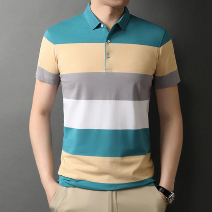 Men's Polo T Shirt Business Casual Simple Stripes Print Summer Short-Sleeve Polo Shirt Fashion Street Wear Oversized Clothes