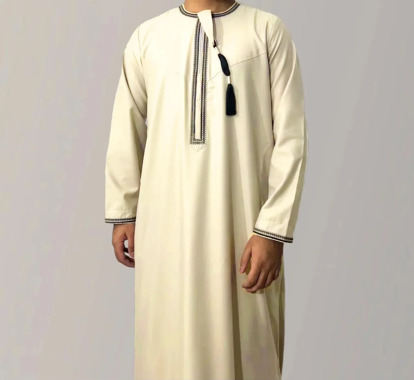 New Muslim Solid Color Abaya Round Neck Embroidery Robe Coarse Males Long Sleeve Kaftan Arabian Saudi Arabia Men's Kaftan