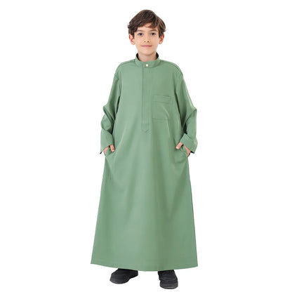 Arab Muslim Kids Boy Jubba Thobe Abaya Satin Long Dress Kaftan untuk Anak-anak Pakaian Islami Jubah Panjang Dress Dubai Arab Ramadan 