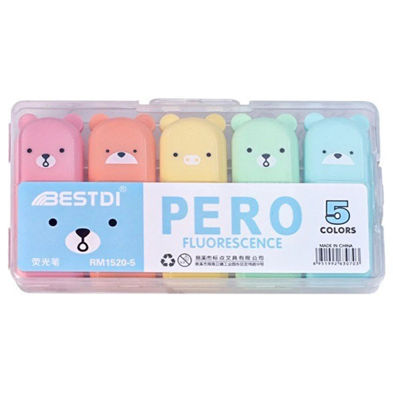 6PCS/Set Bear Mini Fluorescent Highlighter Pen Kawaii Pastel Marker Pens Stationery Material Escolar Papelaria School Supplie