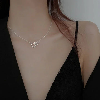 Simple Double Heart Pendant Necklace for Women Couple Zinc Alloy Choker Gold Color Chain Wedding Party Friends Jewelry Gift