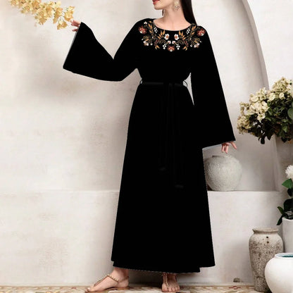 Modest Women Abaya Dress With Belt Islamic Clothing Abaya Dubai 2024 Turkey African Flared Sleeve Round neck Abaya Muslim Dress