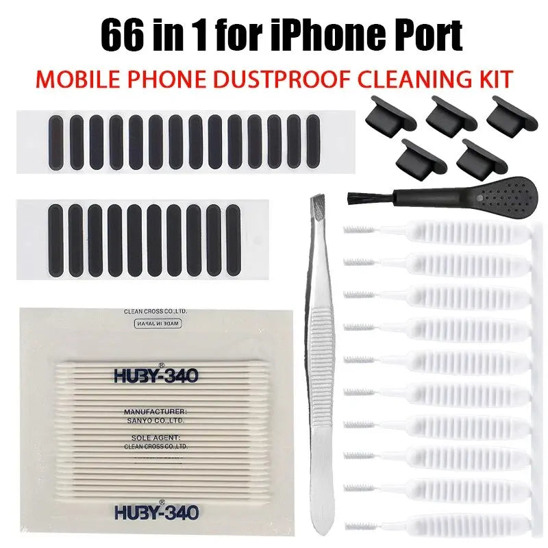 66PCS Pembesar Suara Telefon Bimbit Set Pembersihan Port Pengecasan Palam Debu untuk iPhone 15 14 13 Berus Kit Pembersih Fon Telinga Samsung Xiaomi 