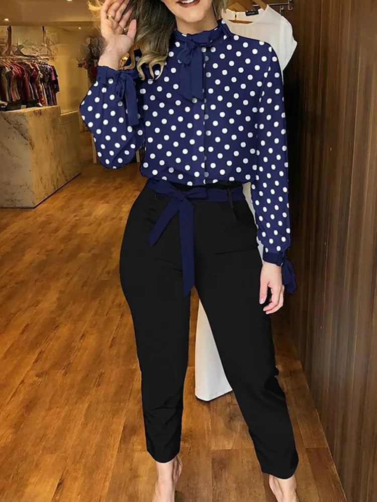 Dot Print Top & Pocket Design Pants Set