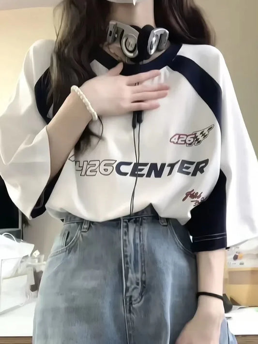 Y2K Korea Vintage Streetwear Kasual Acubi Harajuku Egirl Lengan Pendek T-Shirt Grunge Estetika Baju Atasan Bersaiz Besar 