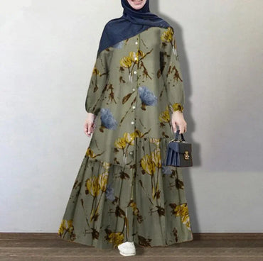 Women's Long Sleeve Cotton Dress Muslim Clothing Middle East Splicing Kaftan Long Skirt Female Clothing