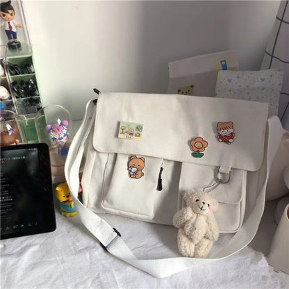 Harajuku Jepun Beg Bahu Gadis Retro Comel Lencana Cantik Kanvas Selempang Beg Sekolah Pelajar Beg Utusan Warna Pejal Beg Utusan 