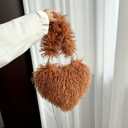 Faux Natural Fur-Ever Mongolian Furry Fur Heart Shape Oversized Tote Bags For Women Handbags With Long Shoulder Fur Straps