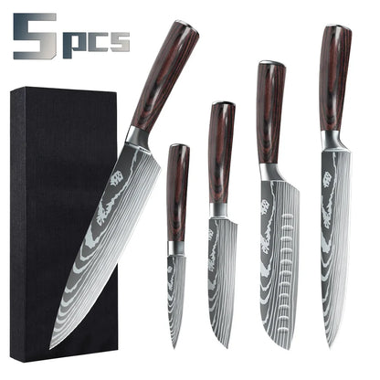 5/8pcs/10pcs Pisau Dapur Keluli Tahan Karat Jepun Pisau Chef Damascus Corak Laser Menghiris Set Pisau Dapur Santoku