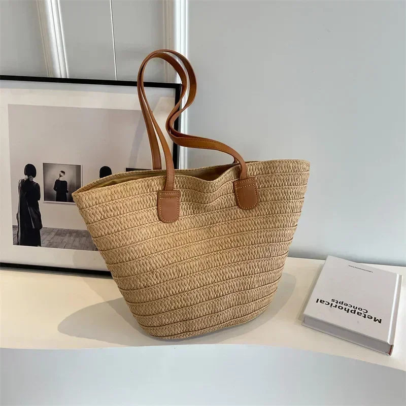 Women Braided Basket Clutches Top-handle Bag Large Straw Portable Shoulder Bag Summer Beach Party Purses Shopper Satchel Female