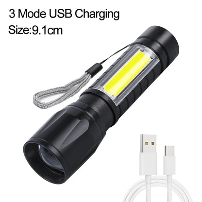 Lampu Suluh LED Pengecasan USB Mini 3 Mod Obor Zum Cahaya Kuat Mudah Alih Lampu Perkhemahan Luaran Tanglung Lampu Suluh Kalis Air 