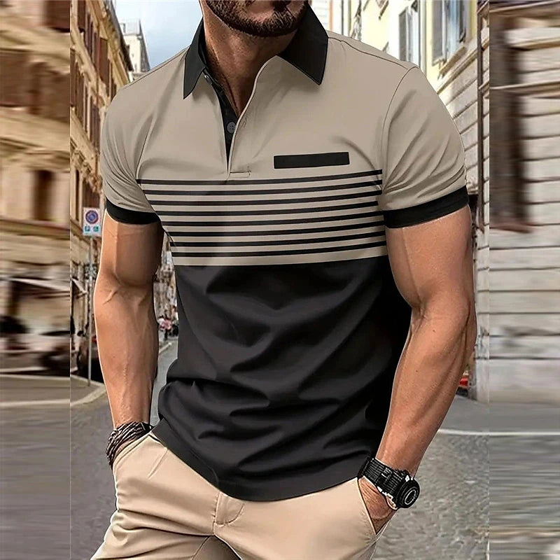 Business Men's Polo T Shirt Summer Short Sleeve Clothing Fashion Stripe Print Street Casual Buttons Tops Oversized Pullover