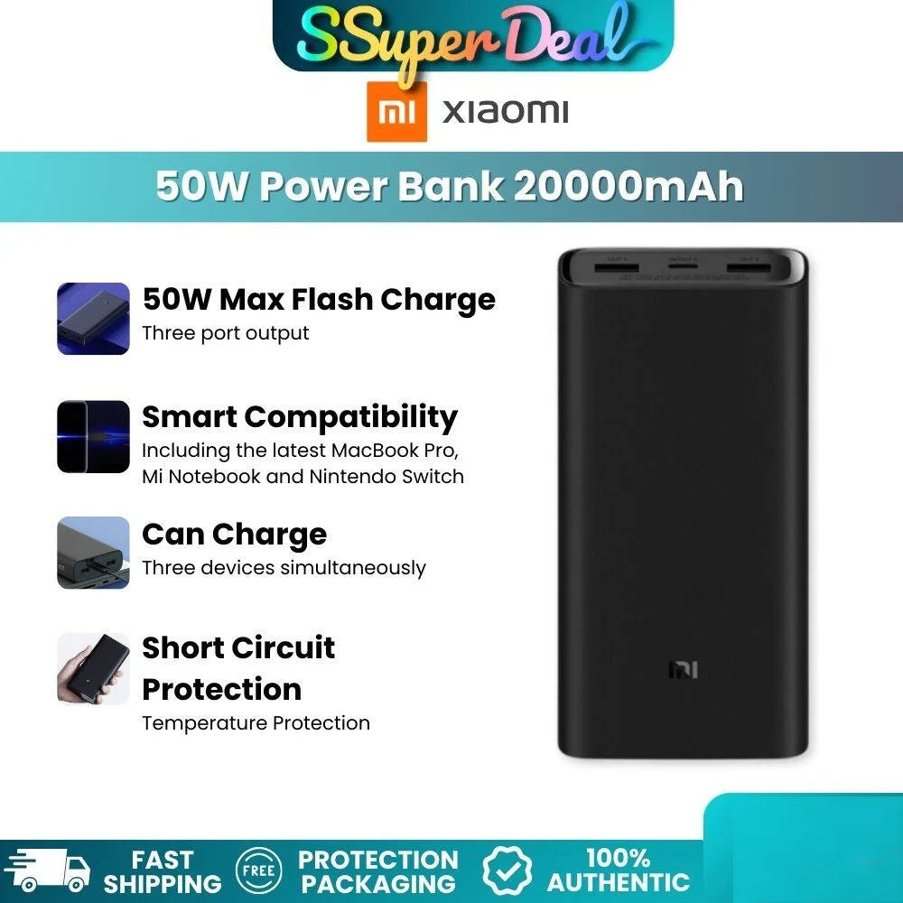 Xiaomi 20000mAh PowerBank PB200SZM Type-C Dual Way Fast Charge Powerbank 50W Flash Charging 2 USB 1 Type C Output Mi Powerbank