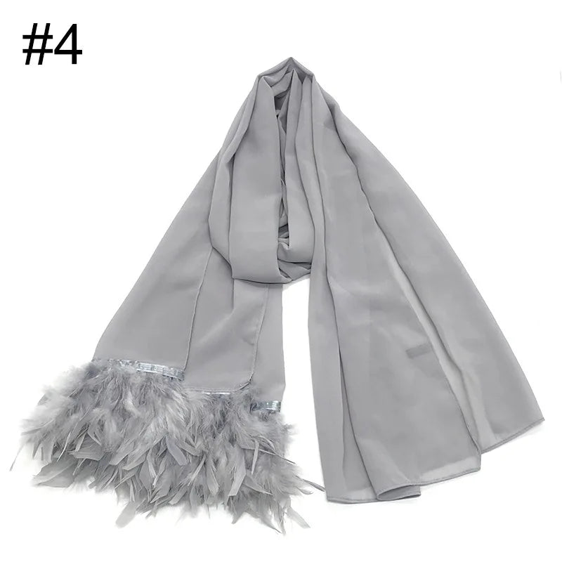 Ostrich Hair Plain Chiffon Hijab Women Scarves Handmade Feather Fashion Shawl Headwear Wrap Headscarf Scarf Foulard Scarf