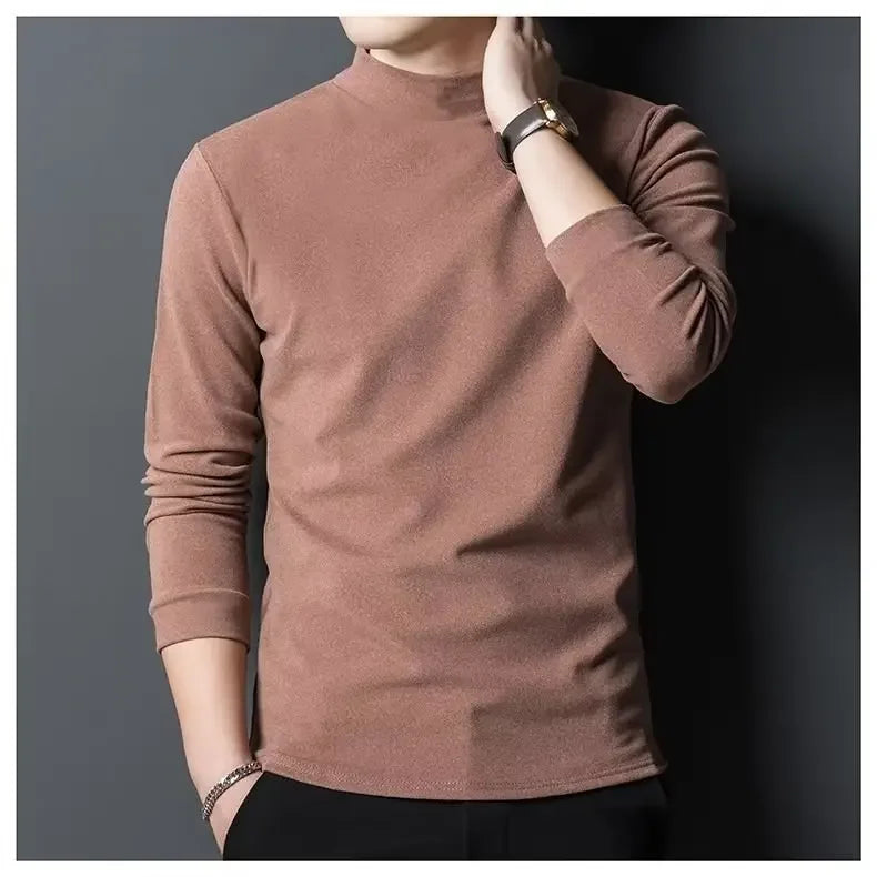 Men's Autumn/Winter Fleece-Lined Half Polo Turtle Neck Long Sleeve T-Shirt Crew Neck Base Layer Top For Men Inner Clothing