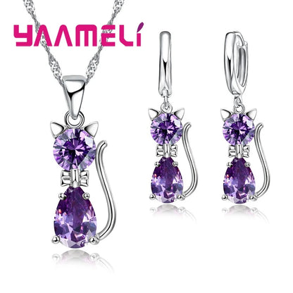 Real 925 Sterling Silver Color Jewelry Sets for Woman Girls Shining Austrian Crystal Cute Cat Pendant Necklace Huggie Earring