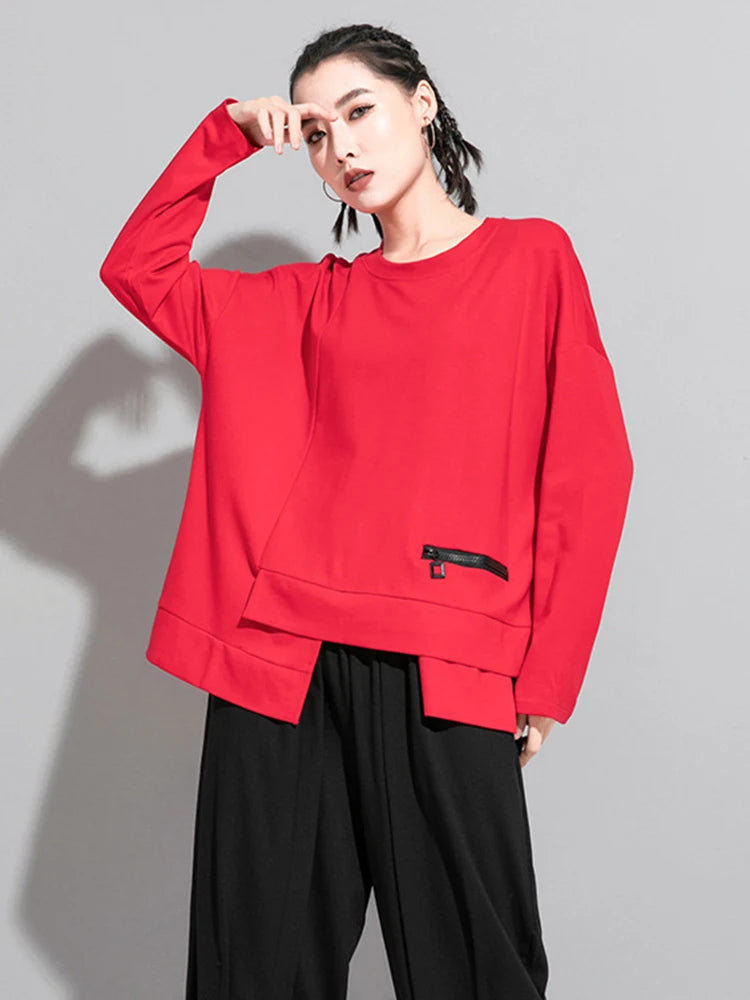 [EAM] Women Red Irregular Split Joint Big Size T-shirt New Round Neck Long Sleeve  Fashion Tide  Spring Autumn 2024 1DA605